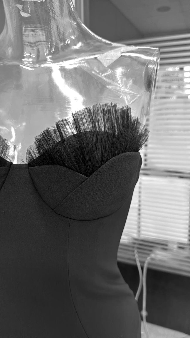 A bustier with pleated tulle cups, close