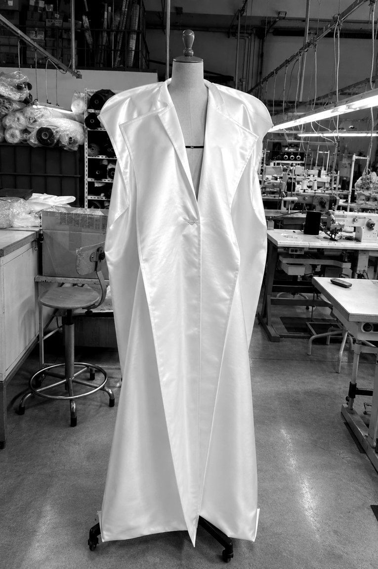 A double-breasted trench in silk satin, on the form in the atelier