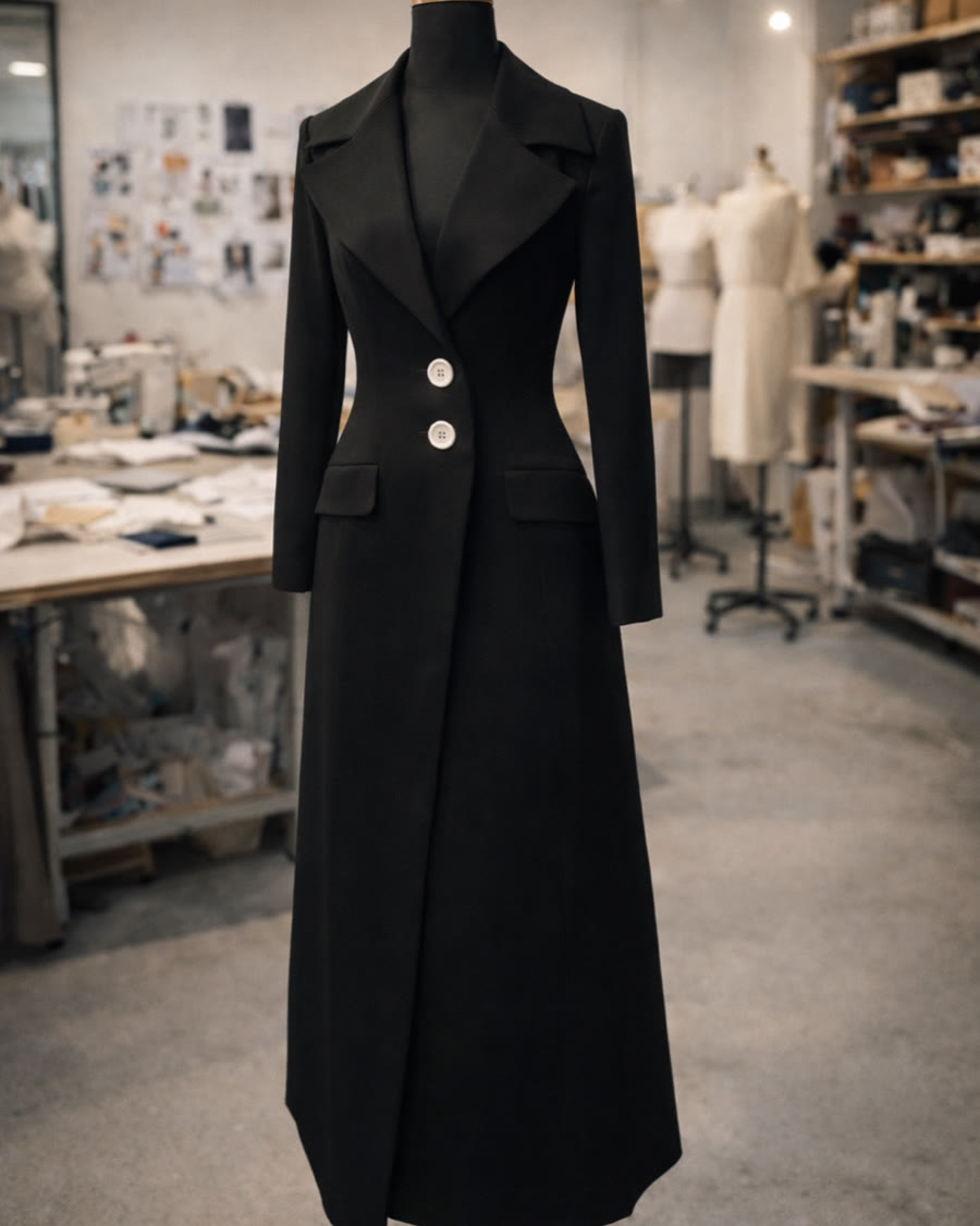 A full-length black wool coat, sample-developed on the mannequin in the atelier