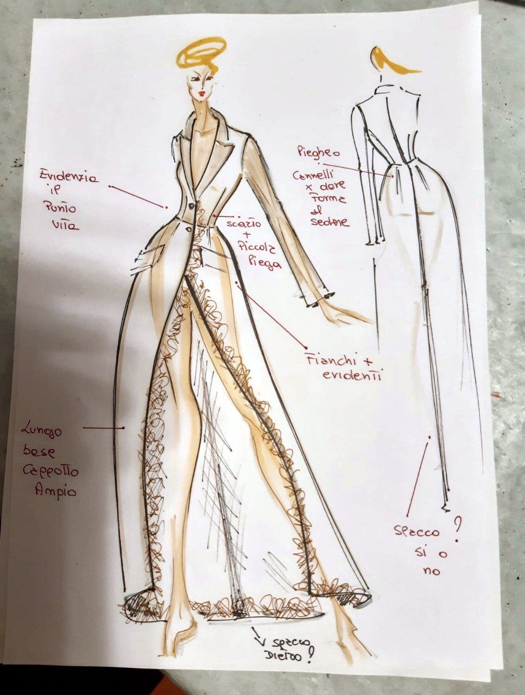 A hand-drawn coat croquis with construction notes