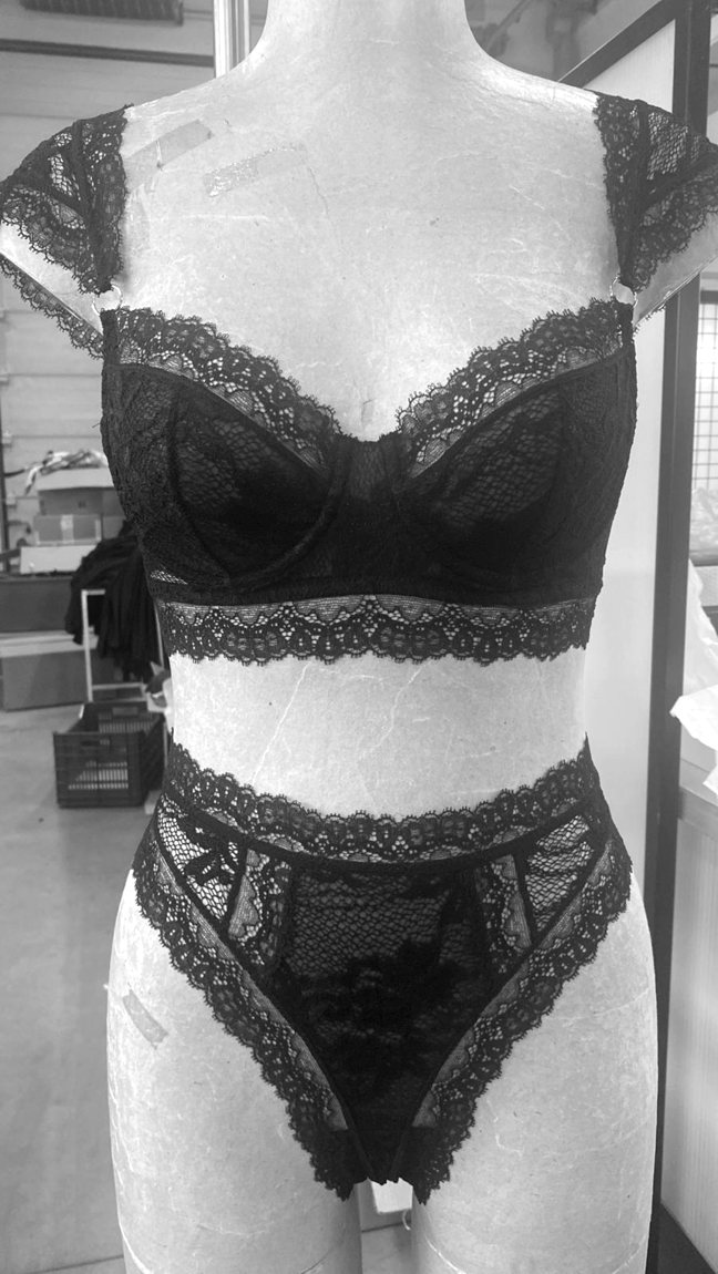 A lace underwired bra and high-waisted brief, on the form