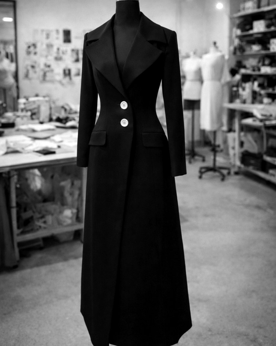 A long tailored womenswear coat, black, on the form in the atelier