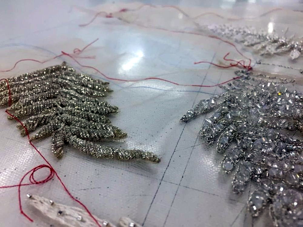 Silver bugle-bead fern appliqué in development